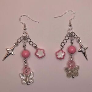 Silver and Pink Butterfly Dangle Earrings